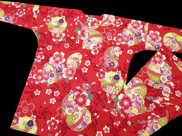 義若オリジナルの鯉口シャツ、ダボシャツ、まりと桜（赤）